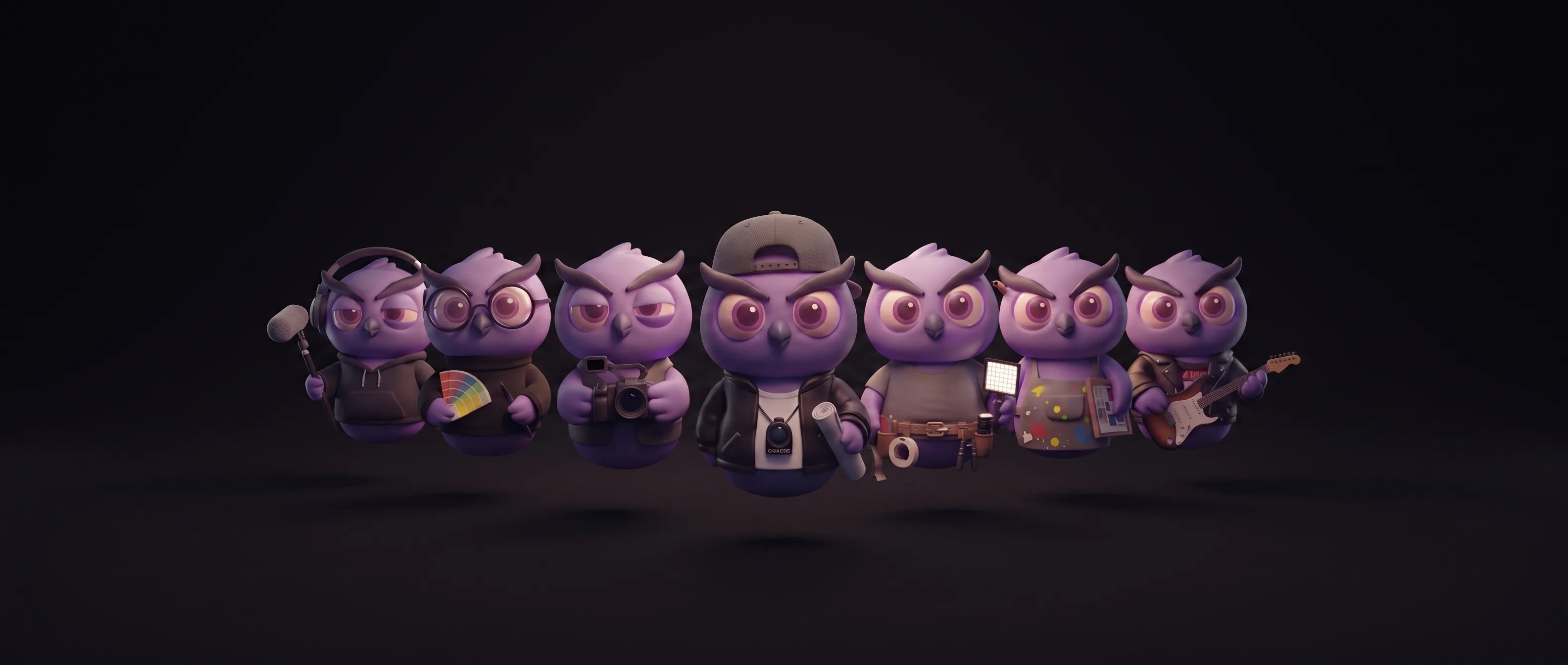 The seven MadOwl artist mascots, side by side