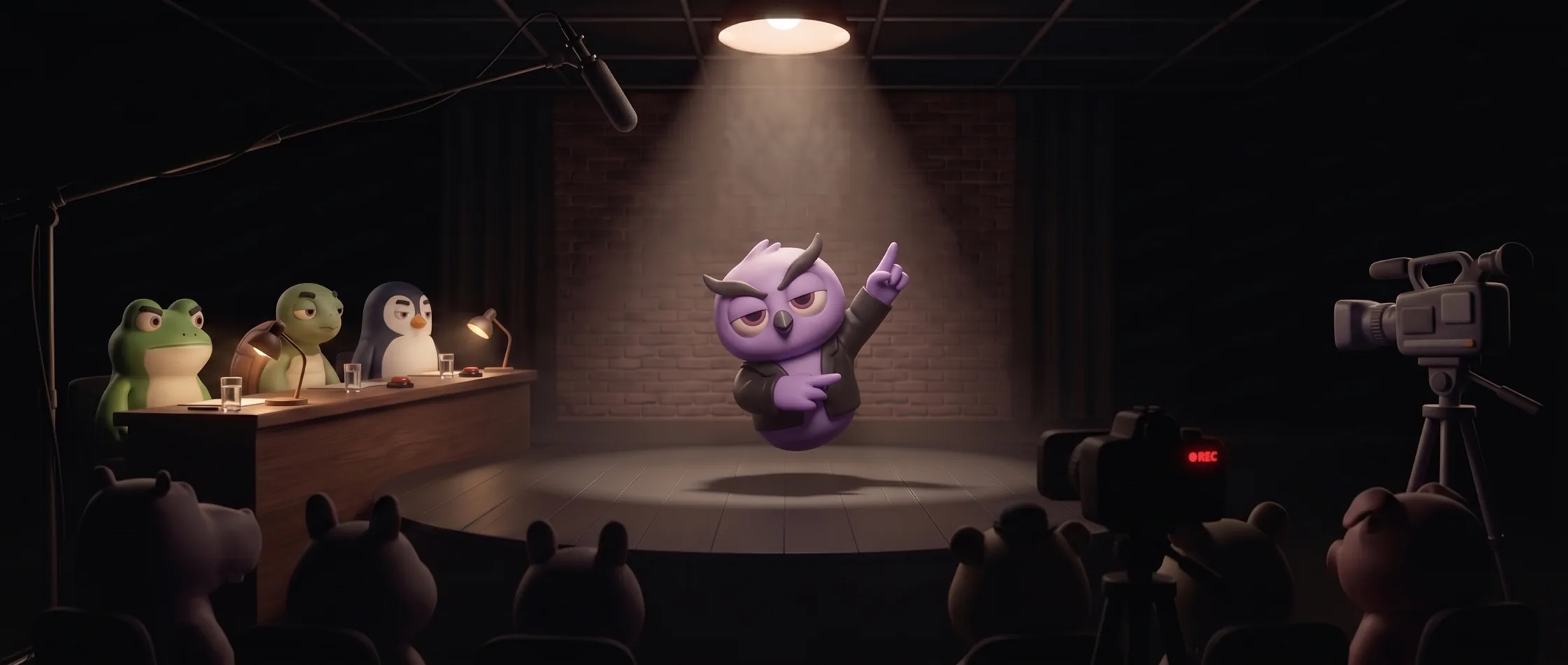 The IndiOwl mascot auditioning under a spotlight before a judges panel, with a recording camera